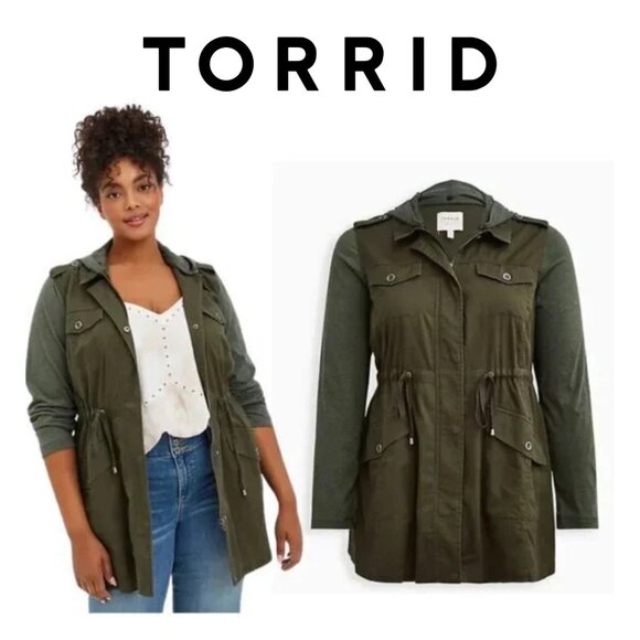 TORRID Drawstring First and Fit Anorak Twill & Jersey Olive Women's Jacket-4 - Picture 1 of 10